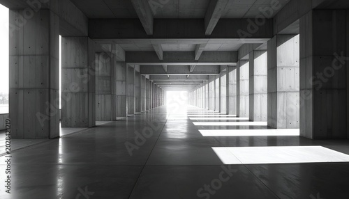 Concrete hall with pillars, bright light at the end, long tunnel perspective