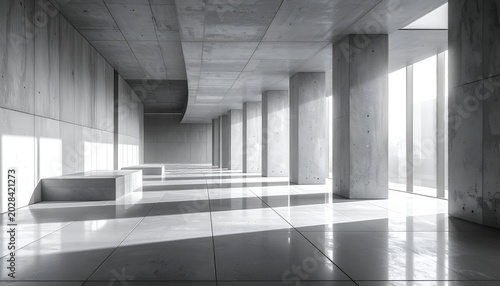 Concrete hallway with pillars, lit by bright windows creating strong shadows