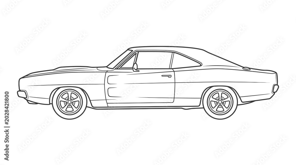 Naklejka premium American classic muscle car line art profile view.