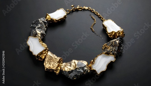 Ornate necklace raw gold, gray rocks & white stones on a dark backdrop
