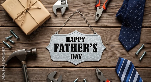 Rustic father day background with tools and a gift for social media greeting