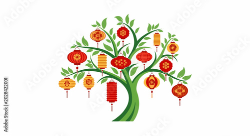 Festive tree adorned with vibrant red and yellow lanterns, a symbol of celebration and tradition