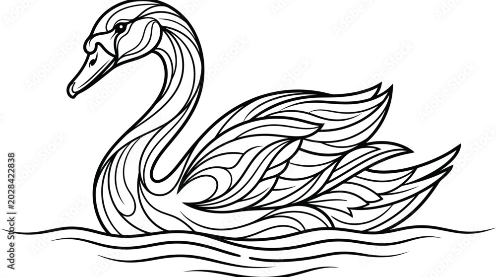 Fototapeta premium Graceful swan line art illustration with decorative wave patterns.