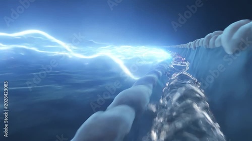 Action potential traveling through a myelinated neuron axon with glowing sodium ions and cinematic microscopic neuroscience detail