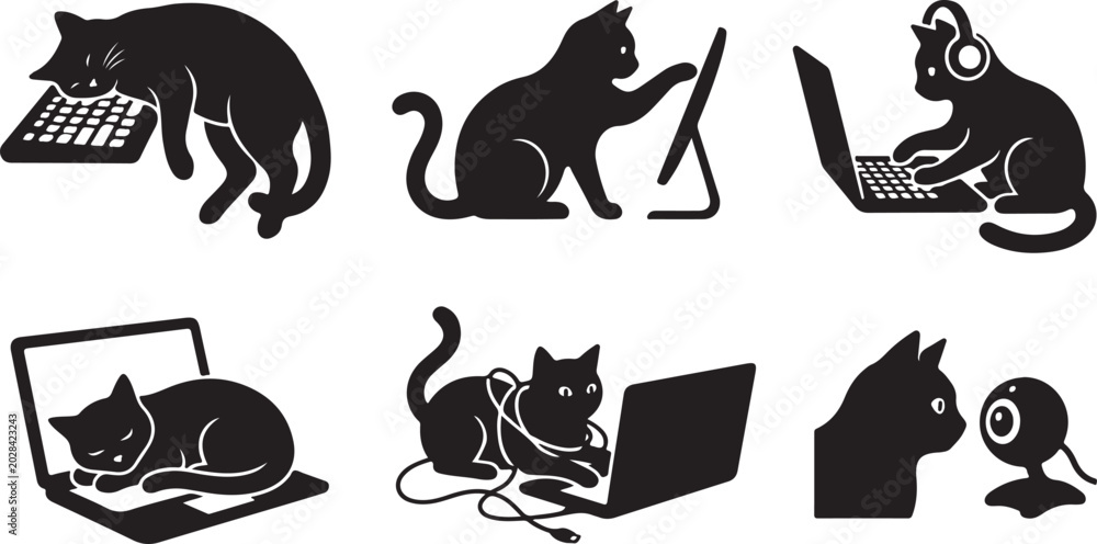 Fototapeta premium Funny Cat Working From Home Bundle, Laptop Cat Collection.