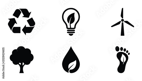 Canvas-taulu Eco-friendly Icons Set: Recycling, Lightbulb, Wind Turbine, Tree, Water Drop, Fo