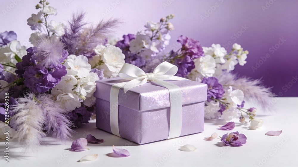 Obraz premium A purple gift box with a white ribbon sits on a white surface surrounded by purple and white flowers and petals in a decorative arrangement.