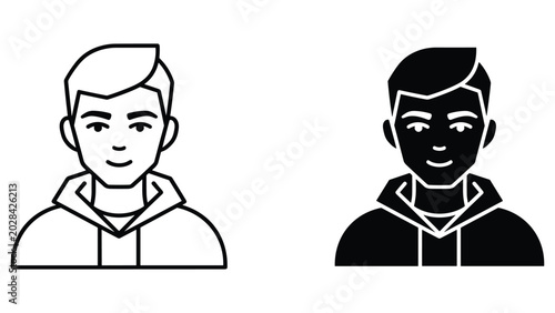 Young man in casual hoodie avatar icon set in linear and solid styles
