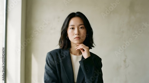 Serious young Asian woman looking at camera, minimal aesthetic, soft shadows, fashion editorial style