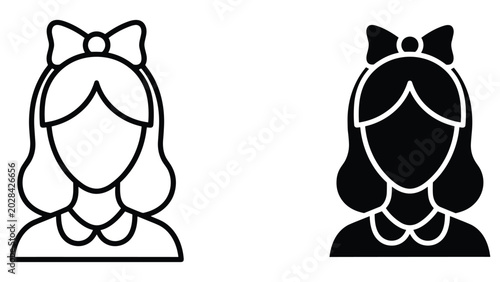 Young girl with hair bow avatar icon in outline and solid vector art style