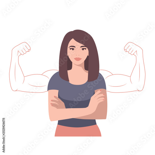The woman has large, muscular arms drawn in a line behind her back . Women's power.