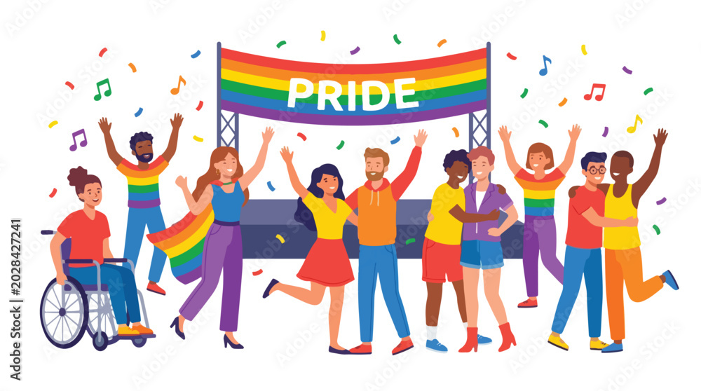 Fototapeta premium Diverse group of people celebrating Pride with rainbow banner and confetti