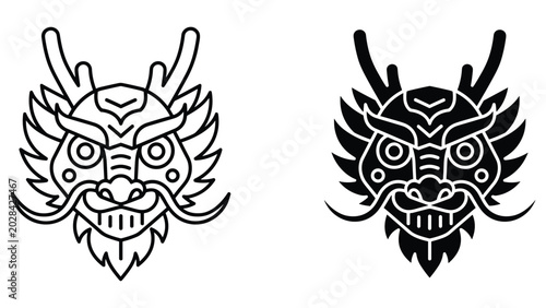 Traditional dragon head icon in outline and solid black graphic design style