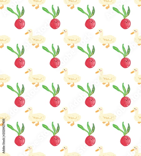 Cute seamless pattern with cartoon ducks and radishes