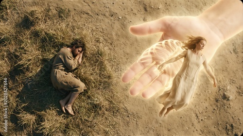 Divine creation of woman from rib of man in biblical story of Genesis. God hand light forming woman while man sleeps on ground. Religious mythological art and spiritual concept.