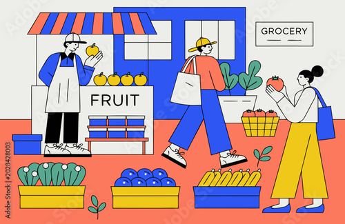fruit market stall vector, local grocery produce scene illustration