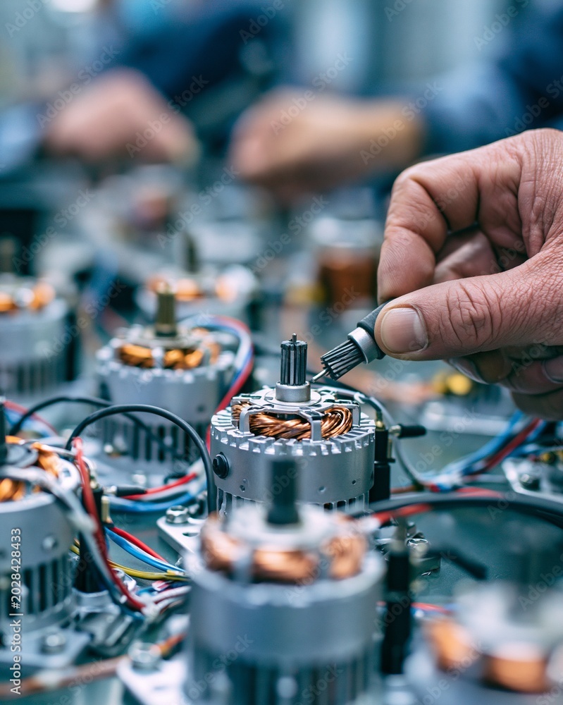 Obraz premium Closeup view of workers fitting carbon brushes into small appliance motors highlighting detailed craftsmanship in a clean factory setting.