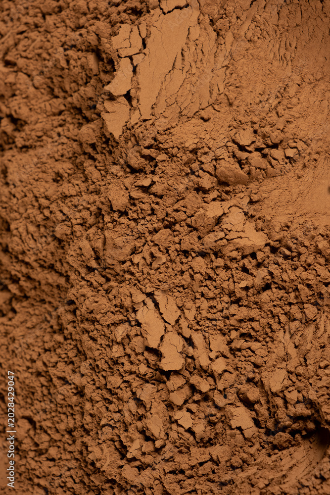 Fototapeta premium Vertical cooking background spilled natural cocoa powder.