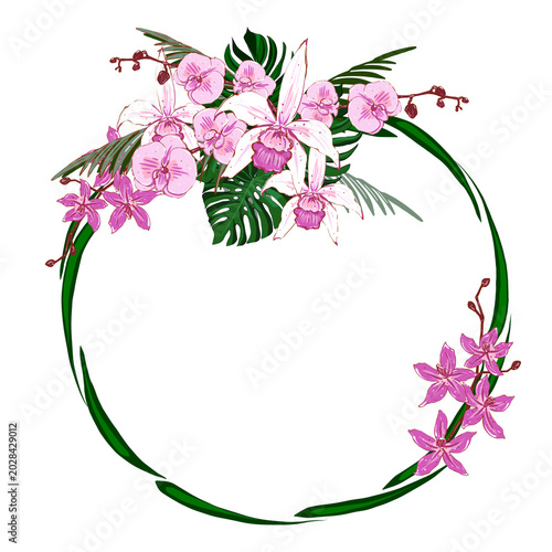 Elegante wreath with tropical pink flowers. Hand drawn floral arrangement for wedding invitations, greeting cards, prints and textiles. Isolated on white