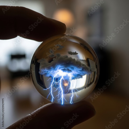Glass sphere reflecting blue lightning strikes with a blurred dark background