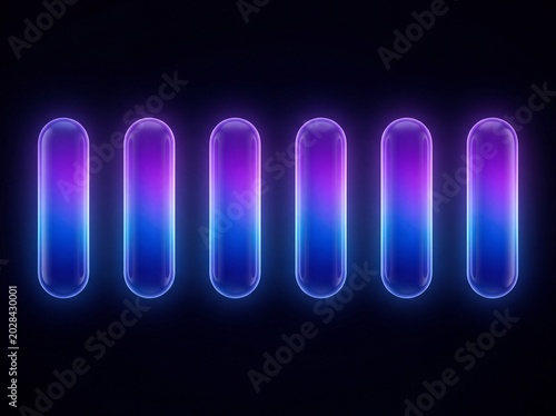 Glowing neon capsules arranged in a row featuring blue and purple gradients on a dark background