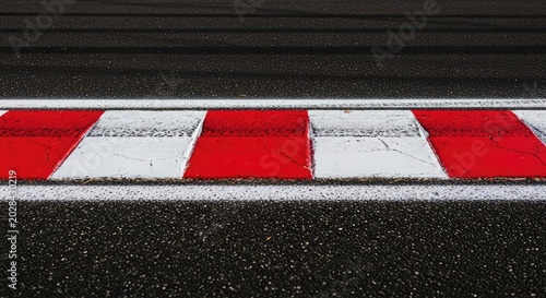 A sharp close up view of a vibrant red and white striped rumble strip on a professional motor racing circuit with dark asphalt texture, sport, asphalt, macro