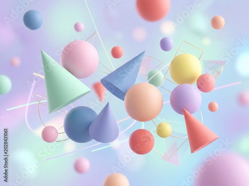 Abstract 3D geometric shapes float in a colorful soft pastel composition with a modern render design