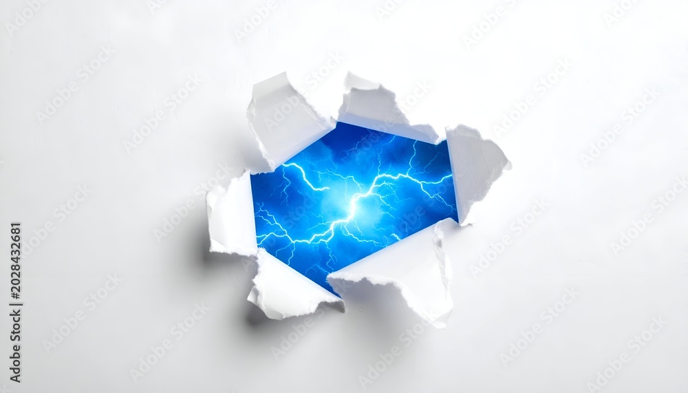 Obraz premium Torn paper reveals blue electric storm