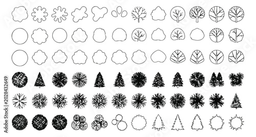 Fotografie Minimalist tree top view icons set, architectural landscape plan symbols, black