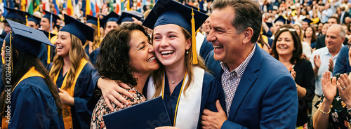 Happy graduate woman hugging parents at university ceremony. Proud mother and father celebrating daughter academic achievement. Banner with copy space
