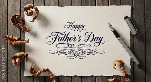 A vintage Father's Day greeting card design featuring elegant calligraphy on rustic parchment paper with fountain pen