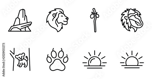 Safari Icons Set: Lion, Paw Print, Rock Formation, Sunrise, Tree Cub Vector Graphics