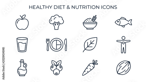 Minimalist Healthy Diet and Nutrition Line Icon Set Featuring Apple, Broccoli, Grains, Fish, Water, Plate, Leaf, Human Figure, Olive Oil, Berries, Carrot, and Nut for Wellness and Health.