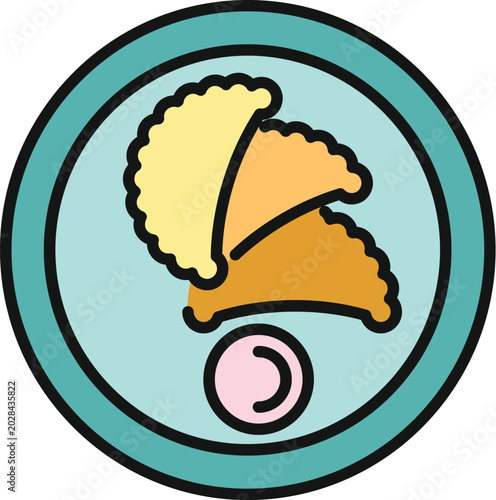 Obraz na płótnie Pierogi dumplings with ruffled edges on a circular plate with a dollop of sour c