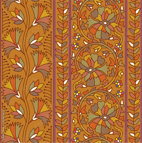 an ornate pattern with flowers and leaves.Indian Kalamkari floral seamless pattern with vertical stripes