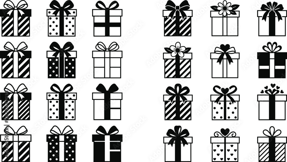 Fototapeta premium Gift box silhouettes collection, decorative present icons, festive packaging artwork, ribbon bow designs, holiday celebration vector, creative wrapping illustration bundle