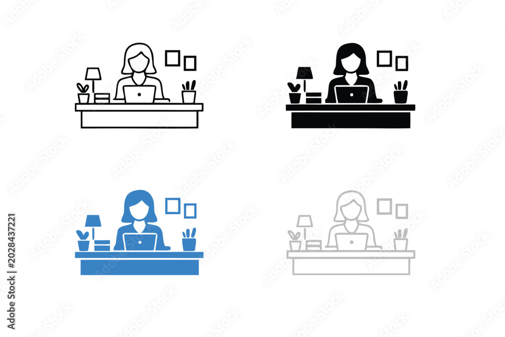 Naklejka premium Director Desk Icon Set with a Woman Working at an Office Workspace with Laptop, Lamp, and Plant; Four Style Variations Including Outline, Solid Black, Blue, and Thin Linear UI Button Vector Design.