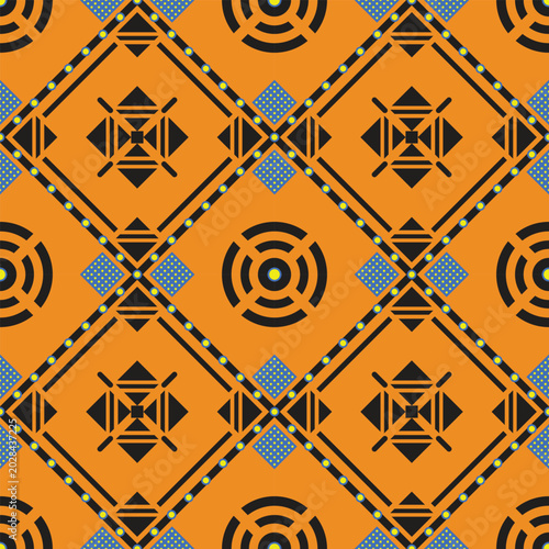 an orange and black geometric pattern with a star.African Wax Print Seamless Pattern with Geometric Shapes