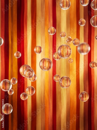 Transparent glass spheres floating gracefully over a warm orange and red striped background