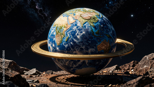 A unique vision of Earth adorned with a golden ring, resting on a desolate moonscape under a starlit cosmic sky