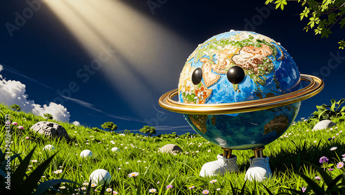 Whimsical Anthropomorphic Planet Earth Character Enjoys a Beautiful Sunny Day in a Vibrant Grassy Field