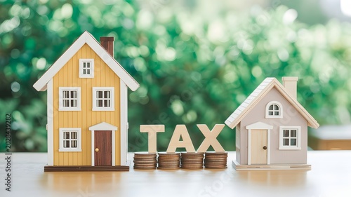 Two miniature houses and tax blocks on a table outdoors