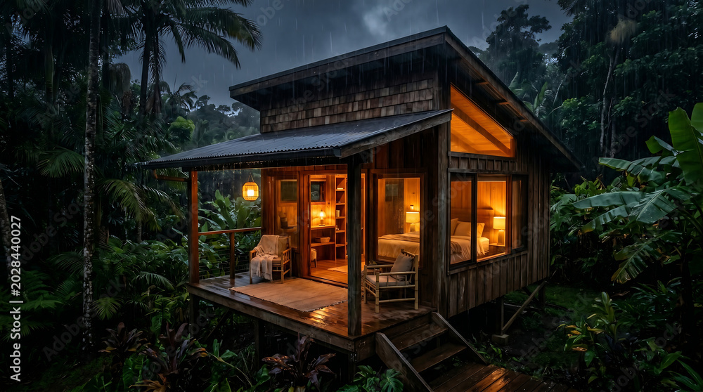 Obraz premium Cozy cabin nestled in a lush, rainy tropical forest at dusk