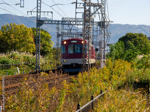 Plakat 青空と遠くの山を背景に、カーブを曲がりながら進む近鉄電車。手前の秋の草むらと、奥に見える踏切や街並みがのどかな旅情を誘う、日本の鉄道のある風景。フォトストックや旅行パンフレット用の素材。