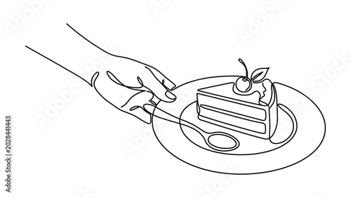 continuous line art hand holding a slice of cake.