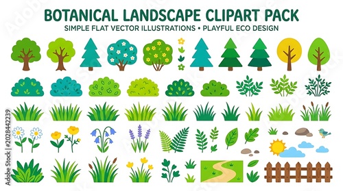 Botanical Landscape Clipart Pack Simple Flat Vector Illustrations Playful Eco Design.