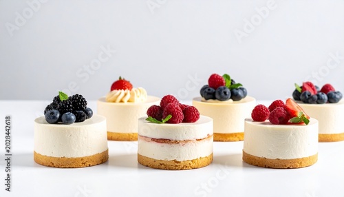 Delicious assortment of mini cheesecakes topped with fresh berries and cream, perfect for any occasion