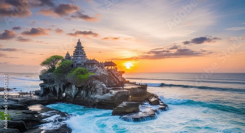 A majestic stone temple stands firmly on a rocky cliff surrounded by turquoise ocean waves under a warm sunset sky with soft glowing clouds, sea, horizon, pagoda