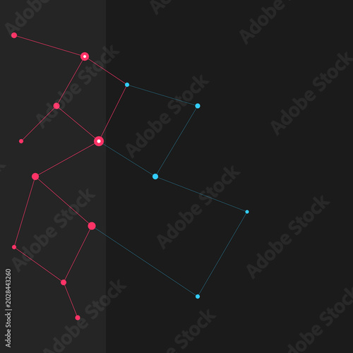 Abstract digital network with red and blue nodes connected by thin lines on dark gray background illustration