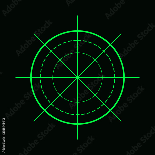 Neon green digital radar screen display with concentric circles and radial grid lines on a black illustration